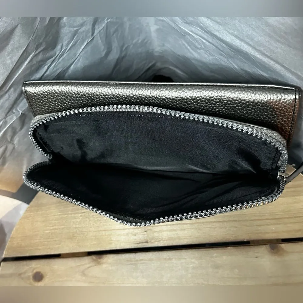 Tahari Metallic Pewter Zip-Around Clutch Wallet – Pebbled Leather
